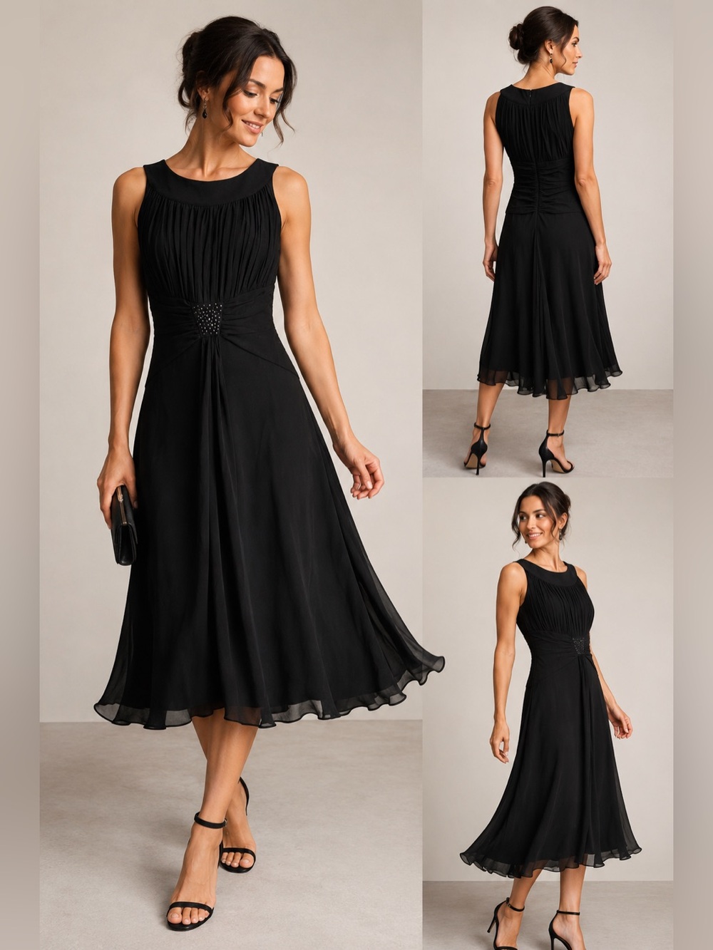 Hobbs 100% Silk Beaded Midi Evening Dress Black Sleeveless Cocktail Formal Sz 10